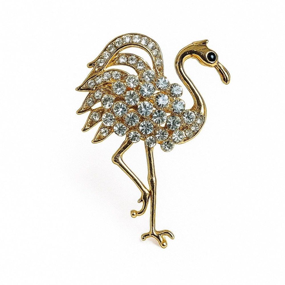 ⚜️🦩 Elegant Gold Flamingo Brooch with Crystals 💎💕
